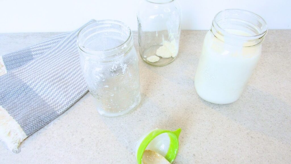 kefir mleczny w słoiku otoczony wyposażeniem do jego robienia