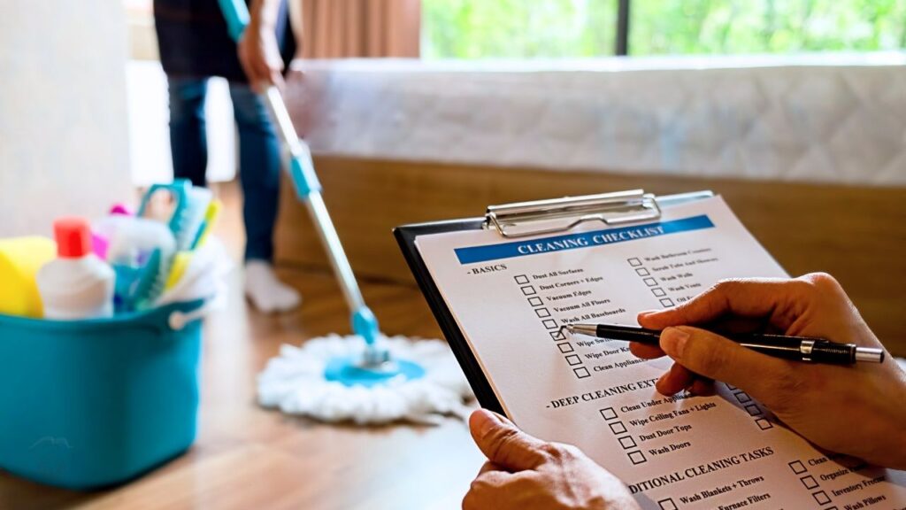 lista sprzątająca, aby osiągnąć czysty dom, a w tle pani mopuje