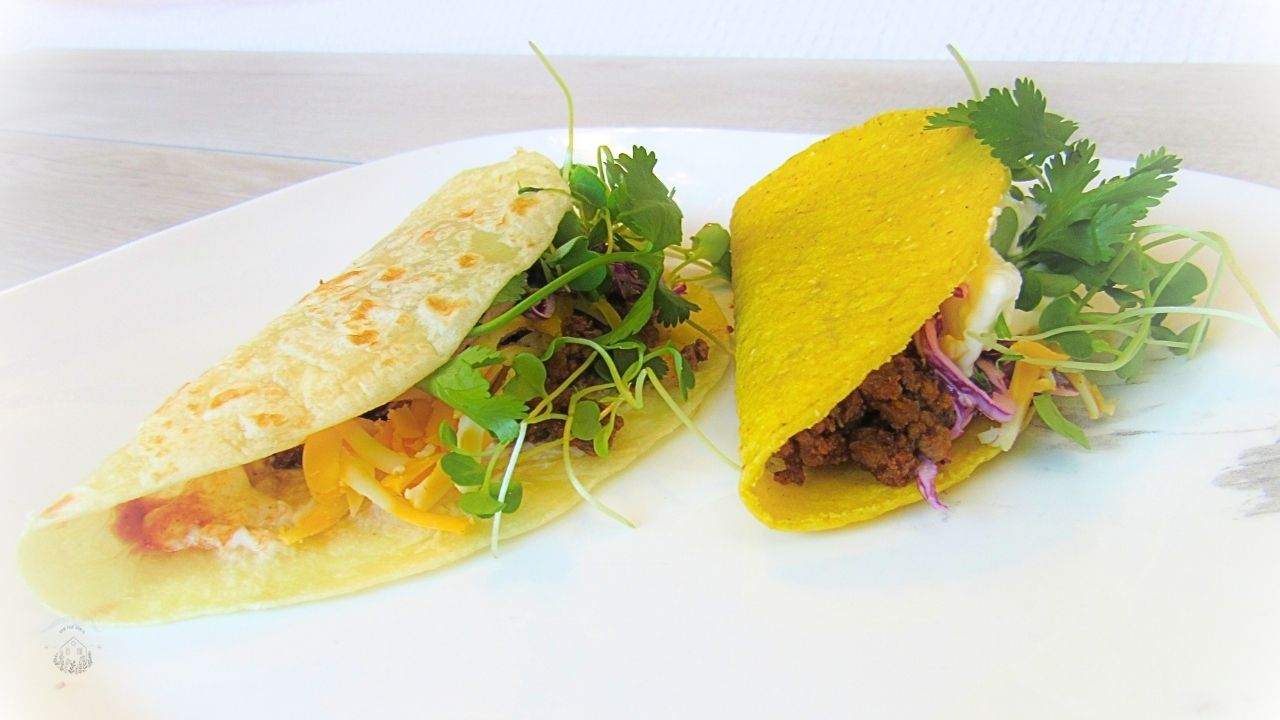 dwa tacos: jedno w tortilli twardej kukurydzianej, a drugie w mącznej miękkiej