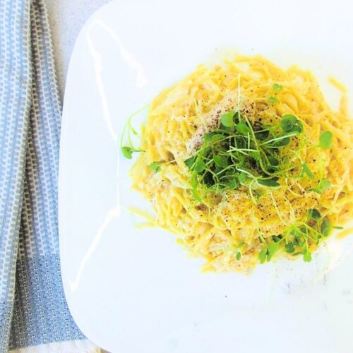 łatwy makaron z kurczakiem w sosie alfredo ze ściereczką kuchenną obok