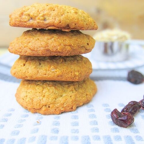 ciastka owsiane z czekoladą i żurawiną lub rodzynkami a w tle płatki owsiane i żurawina