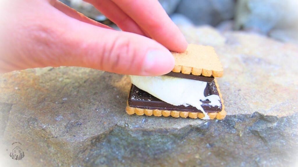 ręka przykrywająca marshmallow herbatnikiem na s'mores amerykańskie